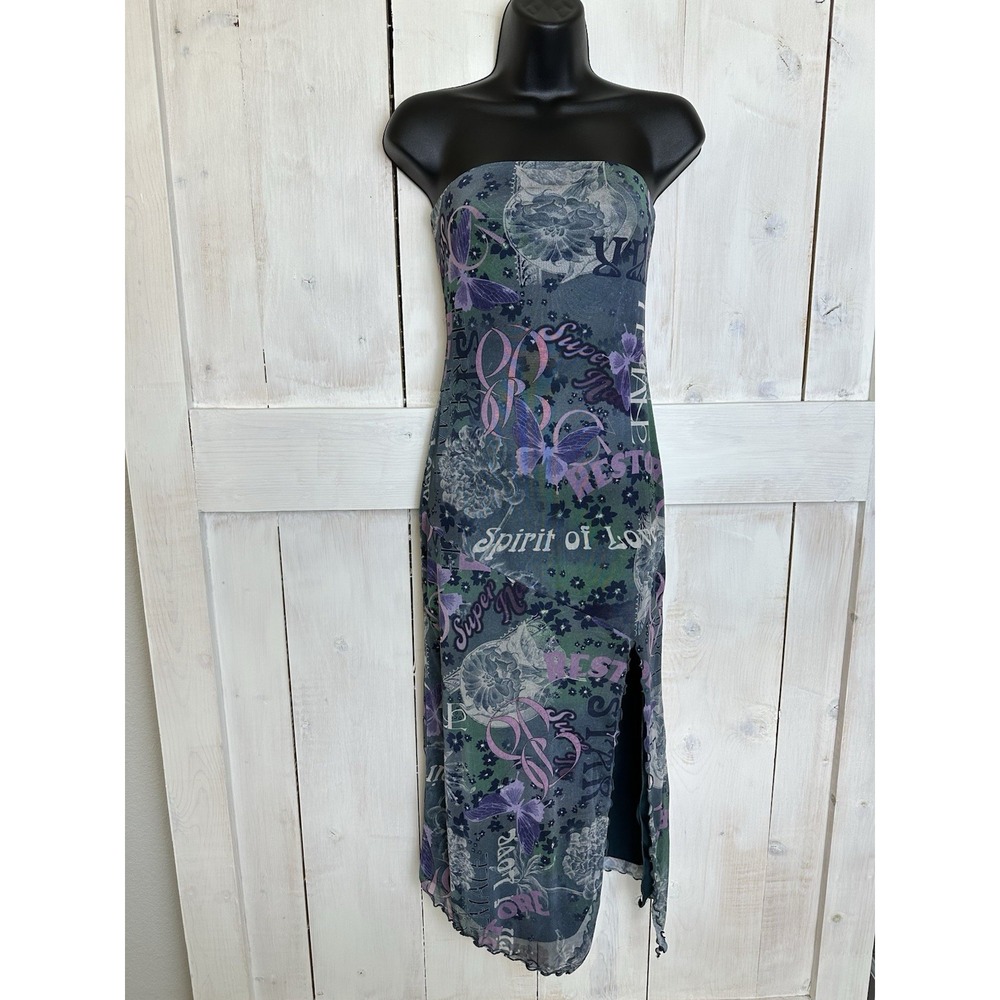 UO Samara Mesh Strapless Tube Slit Midi Dress Size Small‎  NWOT Bodycon Love Y2K
